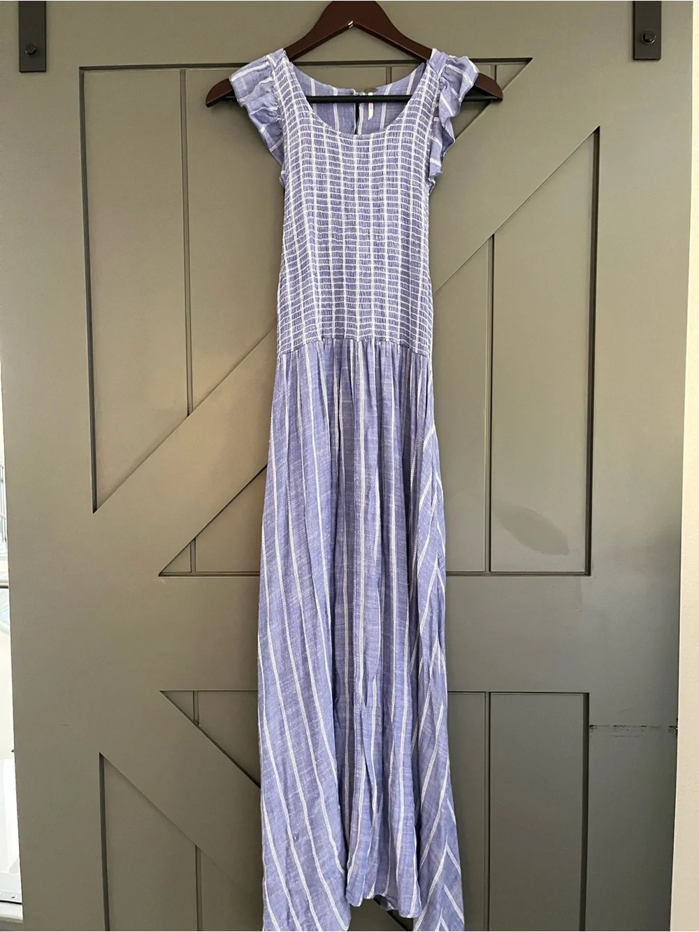 Free People Blue Striped Chambray Smocked Maxi Dress